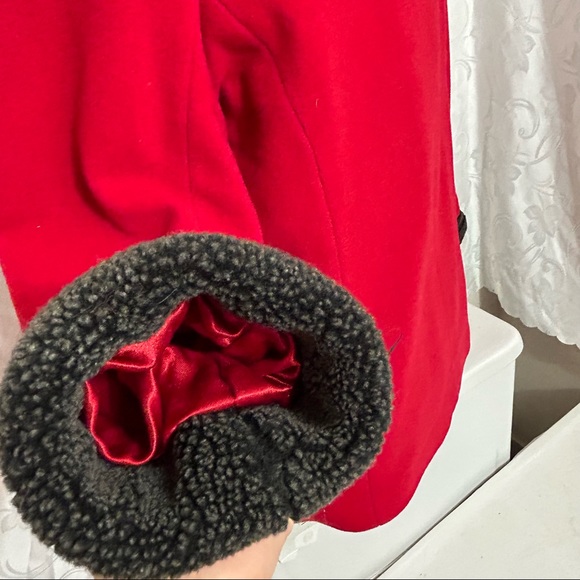 London Fog ZENA Candy Red Black Leather Trim Wool Clasp Snap Button Up Pea Coat - Picture 8 of 13